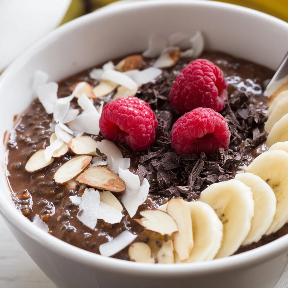 Spoonfuls of Cocoa Almond Coconut Chia Delight chill in clear serving glasses