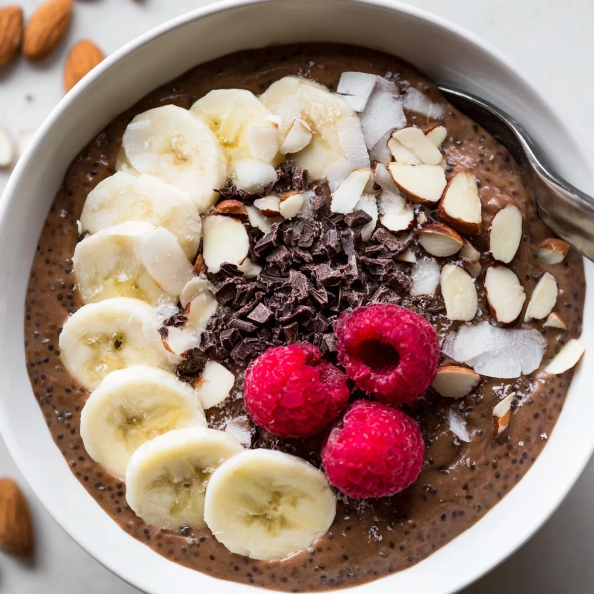 Velvety Cocoa Almond Coconut Chia Delight, breakfast or dessert, banana-topped