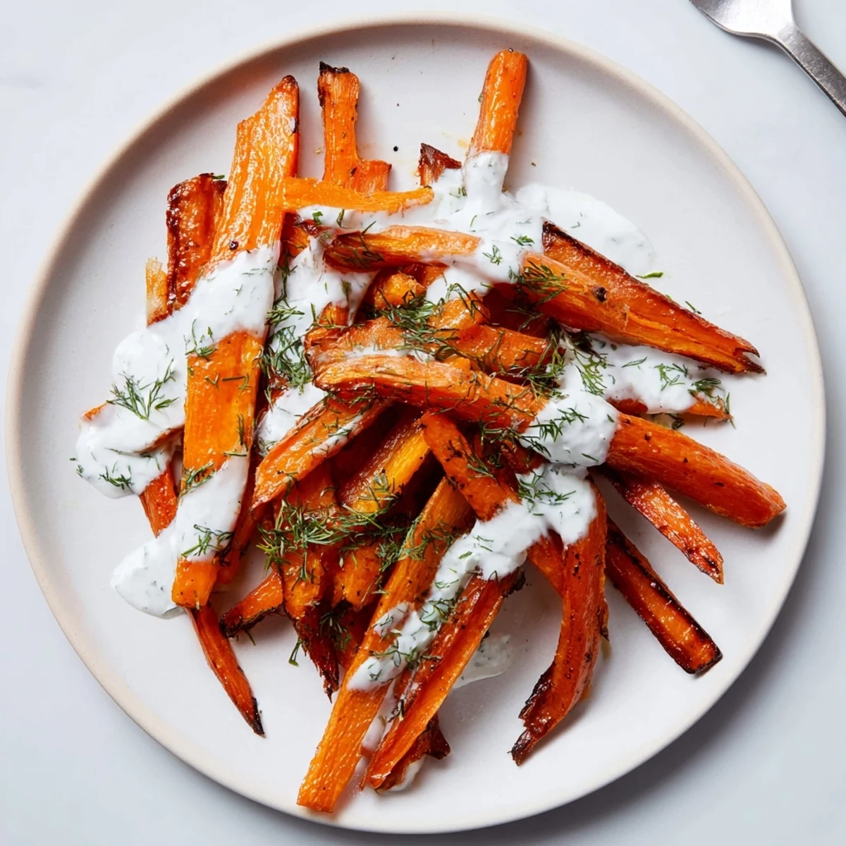 Roasted Carrots With Dill Yogurt Drizzle on platter, caramelized edges and bright herbs
