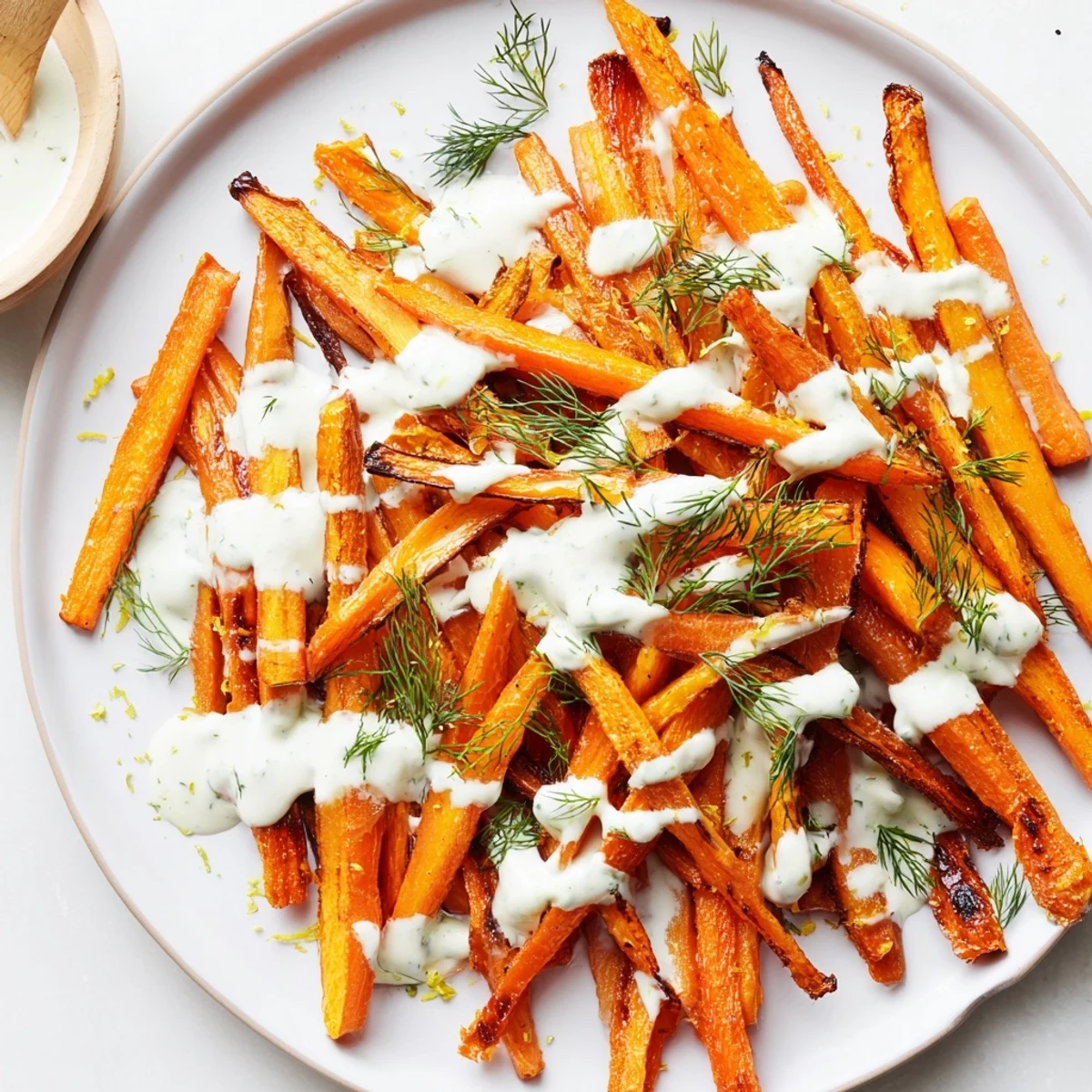 Warm Roasted Carrots With Dill Yogurt Drizzle, creamy lemony sauce and dill fronds