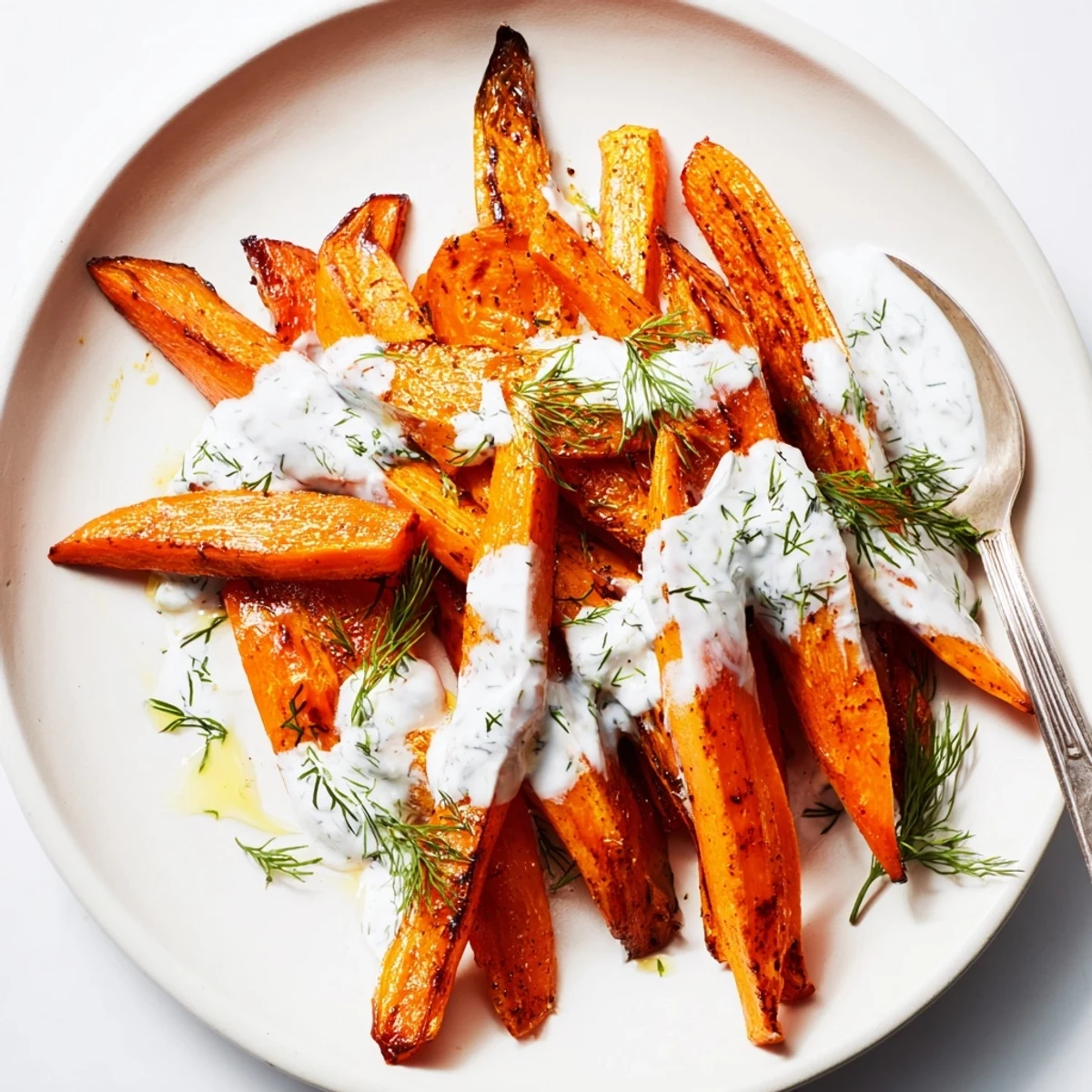 Simple Roasted Carrots With Dill Yogurt Drizzle served alongside grilled salmon for dinner