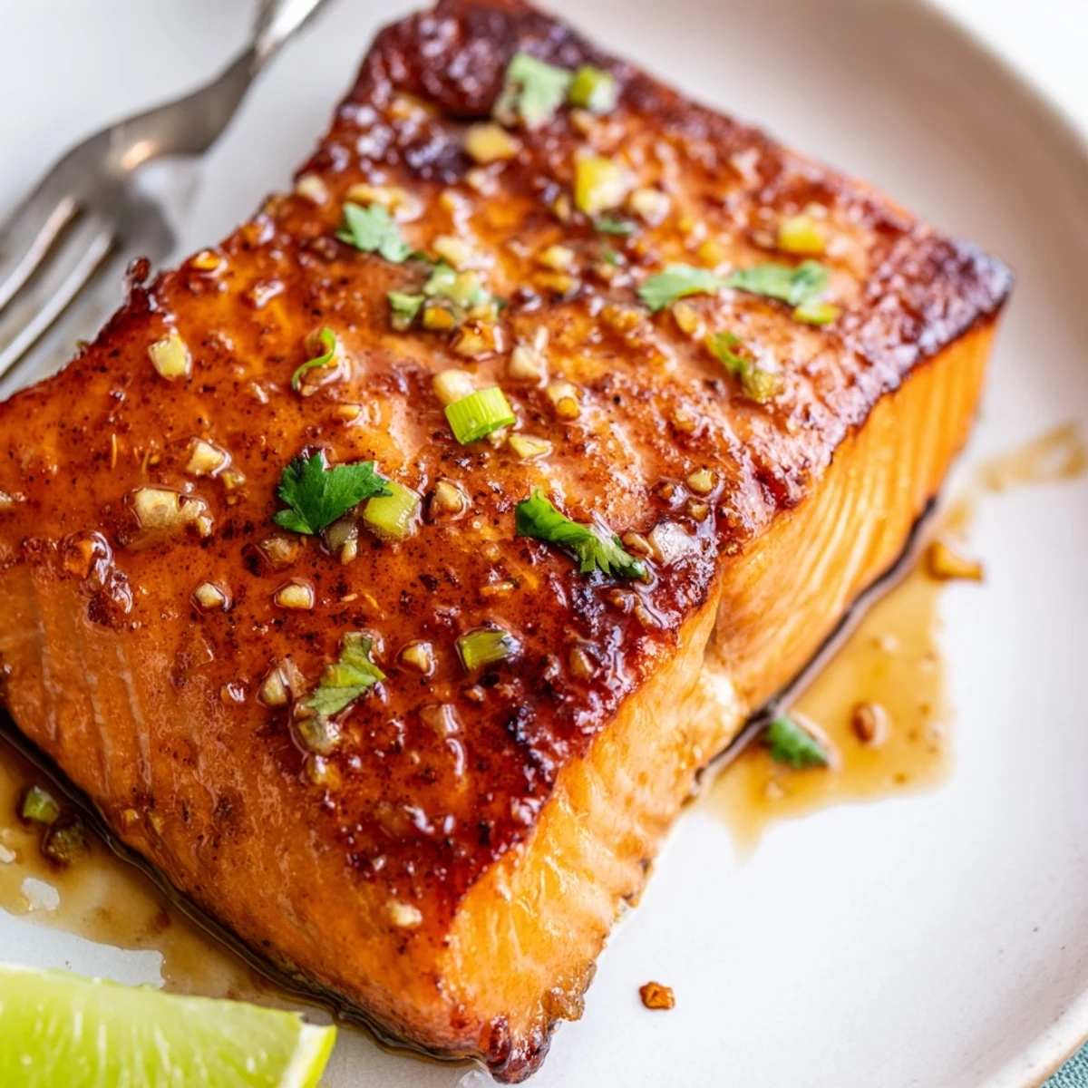 Garlic Lime Glazed Salmon Skillet sizzling in pan, sticky glaze and lime wedges