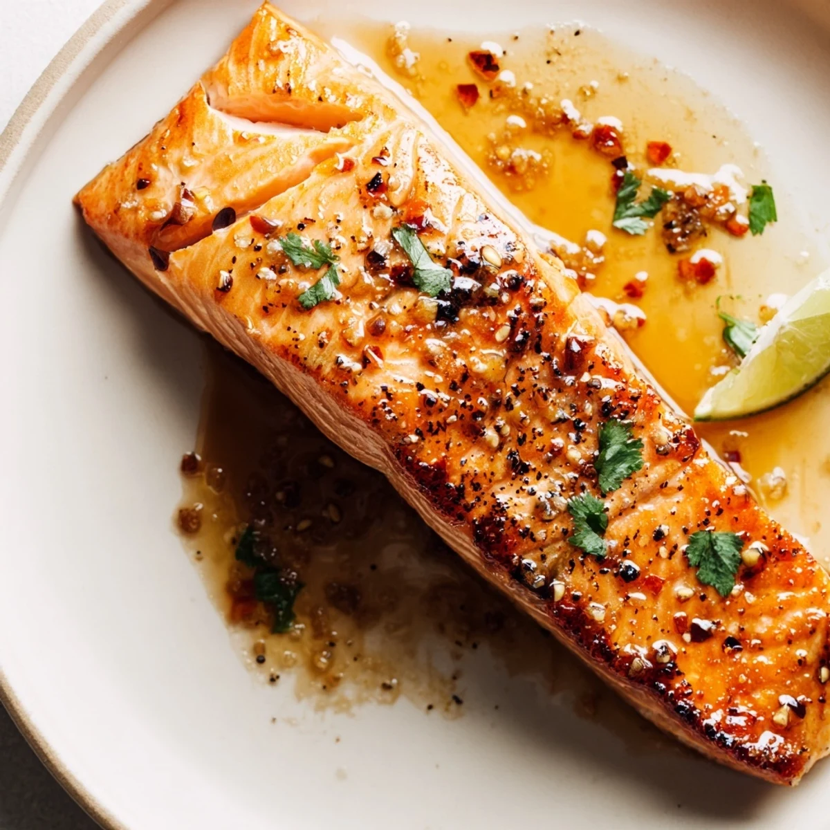 Pan-seared Garlic Lime Glazed Salmon Skillet with honeyed glaze, cilantro and rice