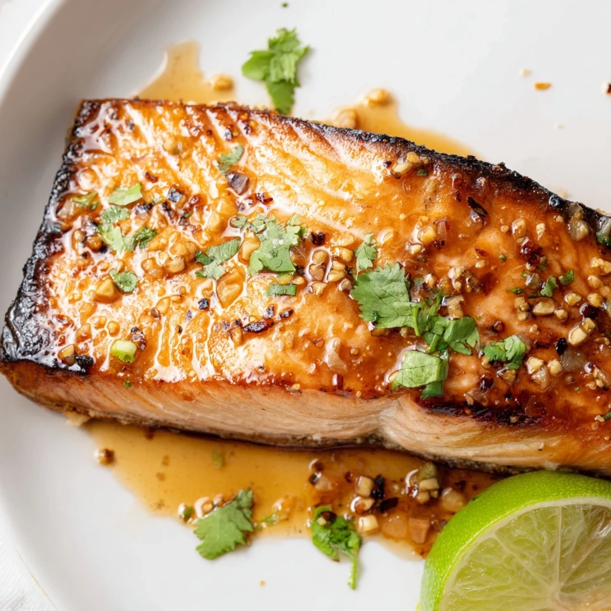 Juicy Garlic Lime Glazed Salmon Skillet spooned with glaze, served with lime wedges