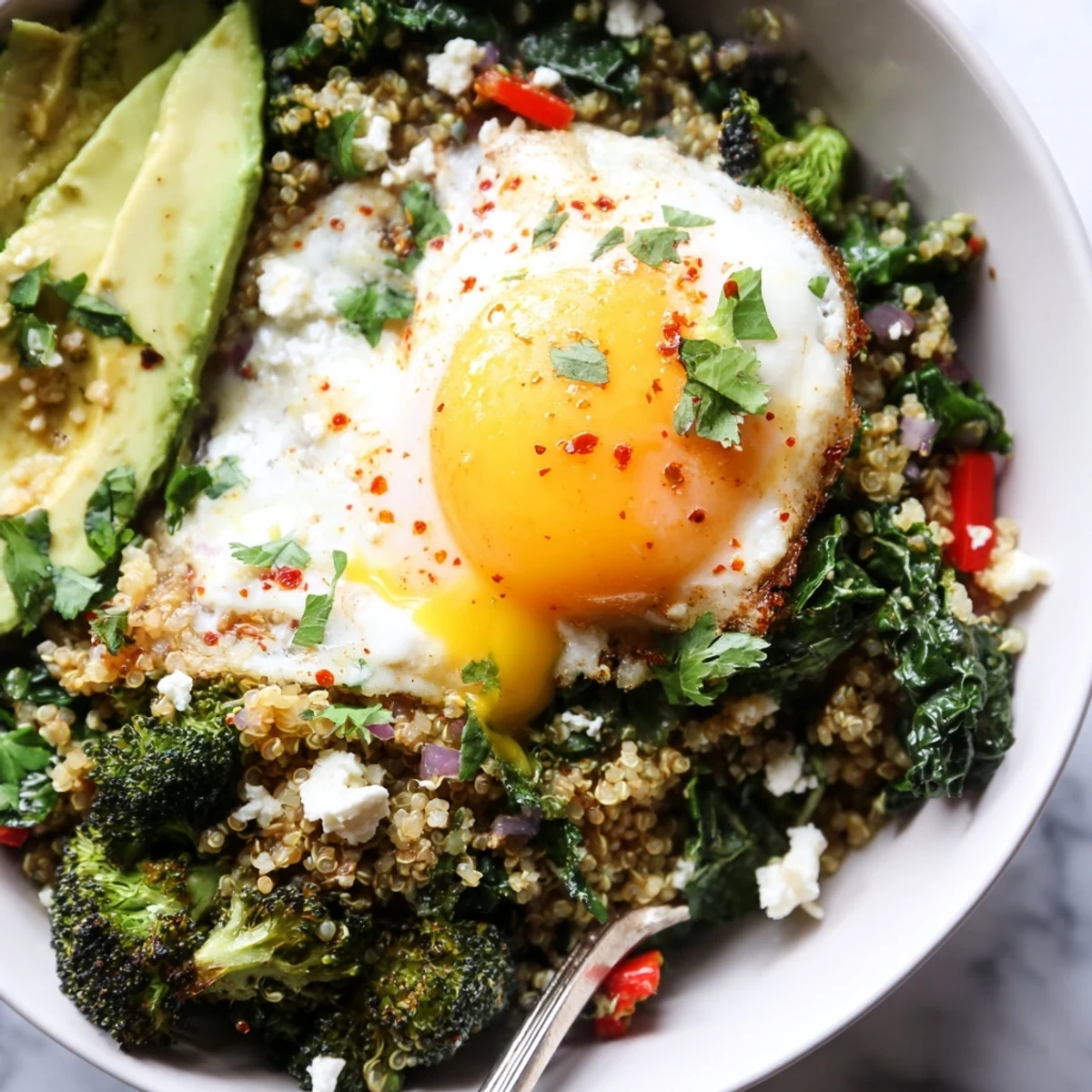 Savory Broccoli and Kale Quinoa Breakfast Bowl topped with runny egg and feta