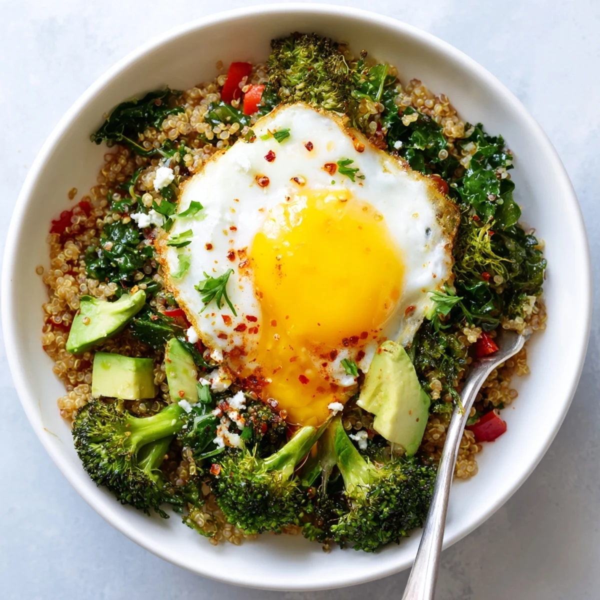 Steaming bowl showcasing Savory Broccoli and Kale Quinoa Breakfast Bowl with avocado slices