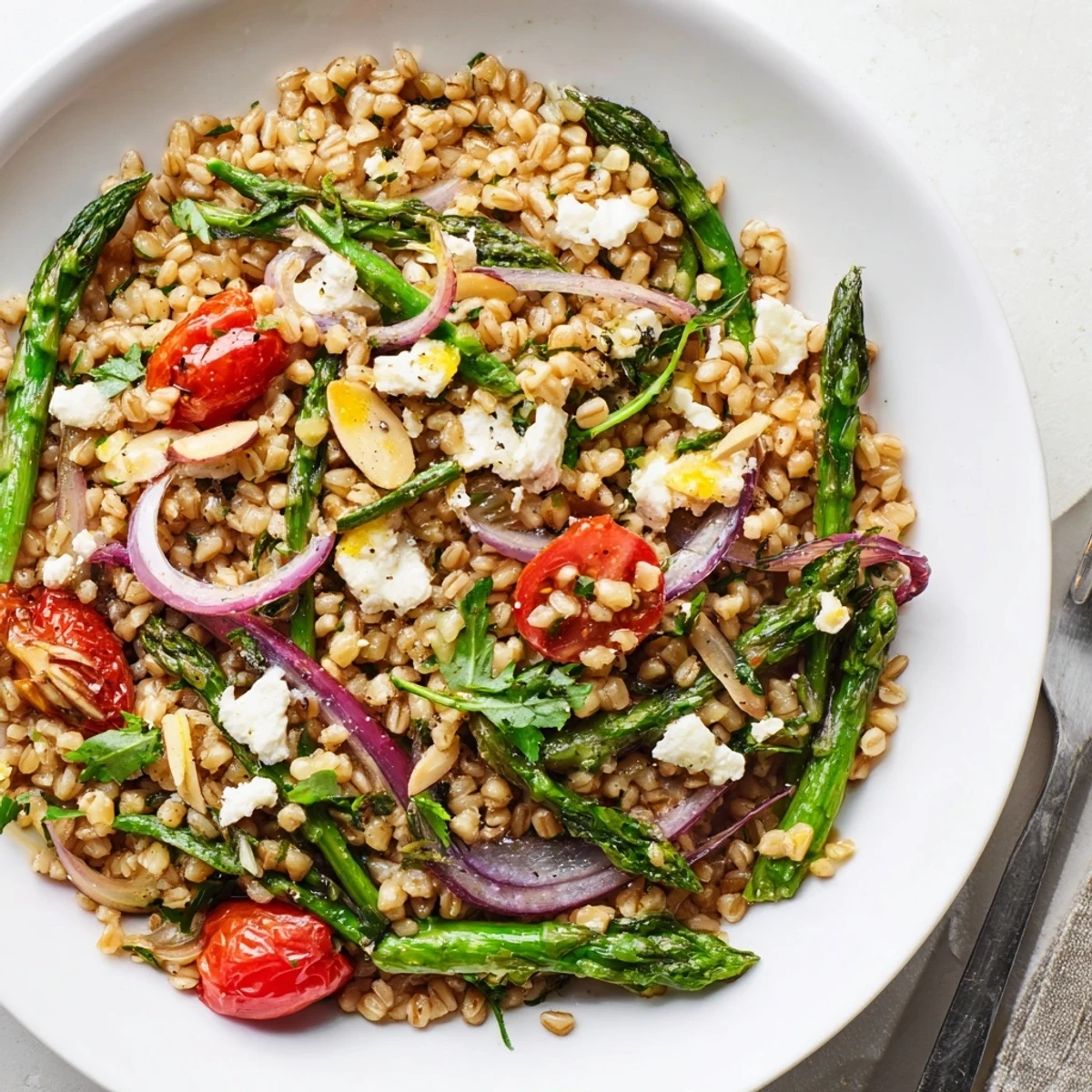Warm Barley and Roasted Asparagus Salad with zesty lemon vinaigrette, crumbled feta