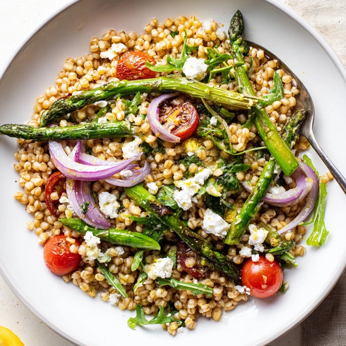 Warm Barley and Roasted Asparagus Salad, tender spears, tangy lemon and feta
