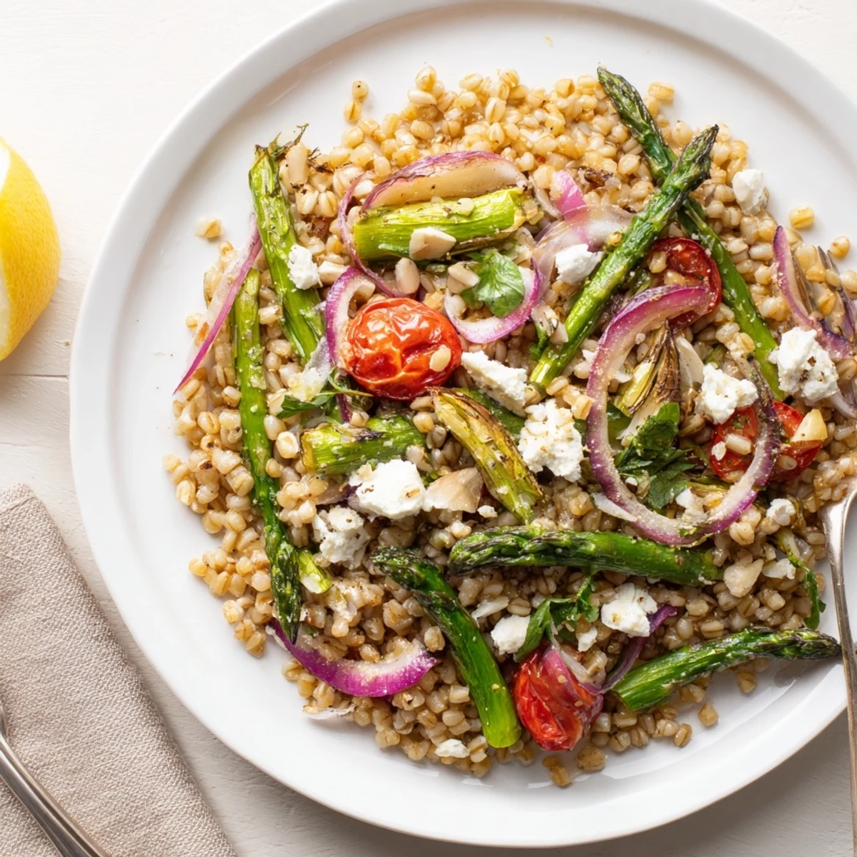 Hearty Warm Barley and Roasted Asparagus Salad tossed with arugula and toasted almonds