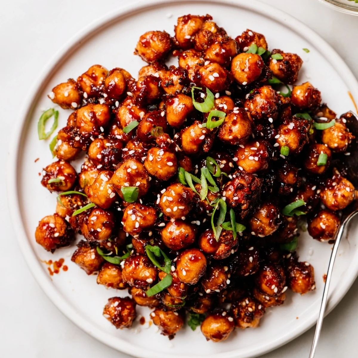 Close-up of Crispy Chili Sesame Chickpea Clusters glistening with sticky maple-sriracha glaze