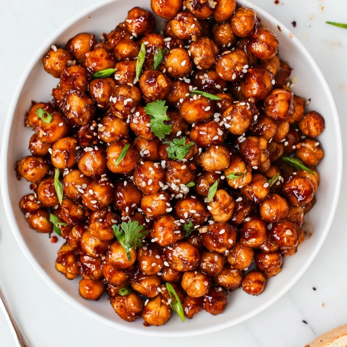 Bowl of Crispy Chili Sesame Chickpea Clusters piled with toasted sesame seeds