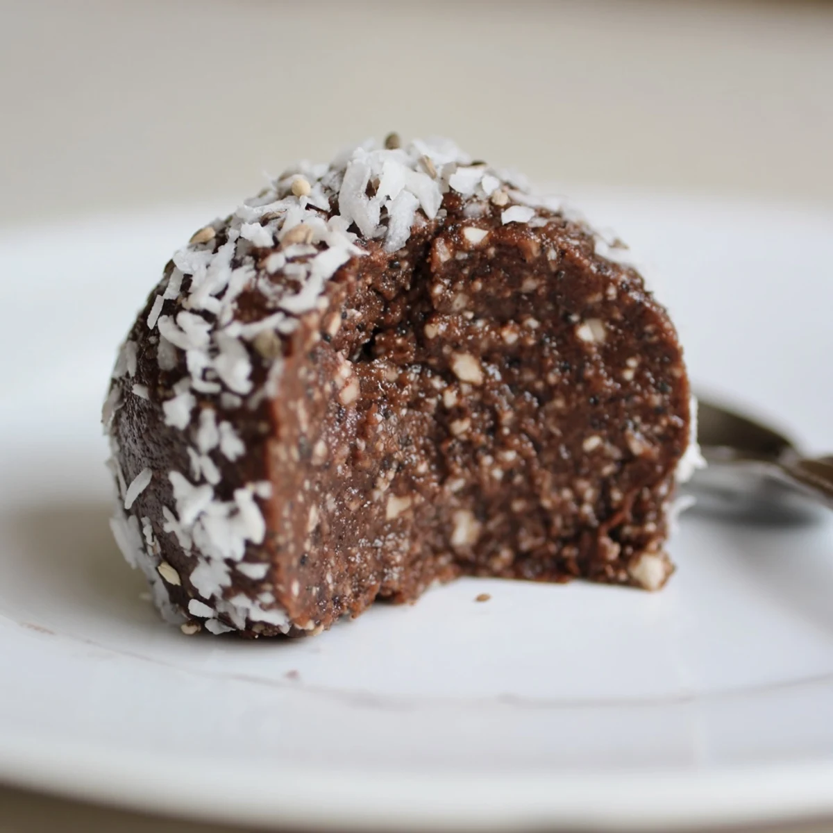 Cocoa Coconut Cashew Chia Treat rolled in shredded coconut on parchment