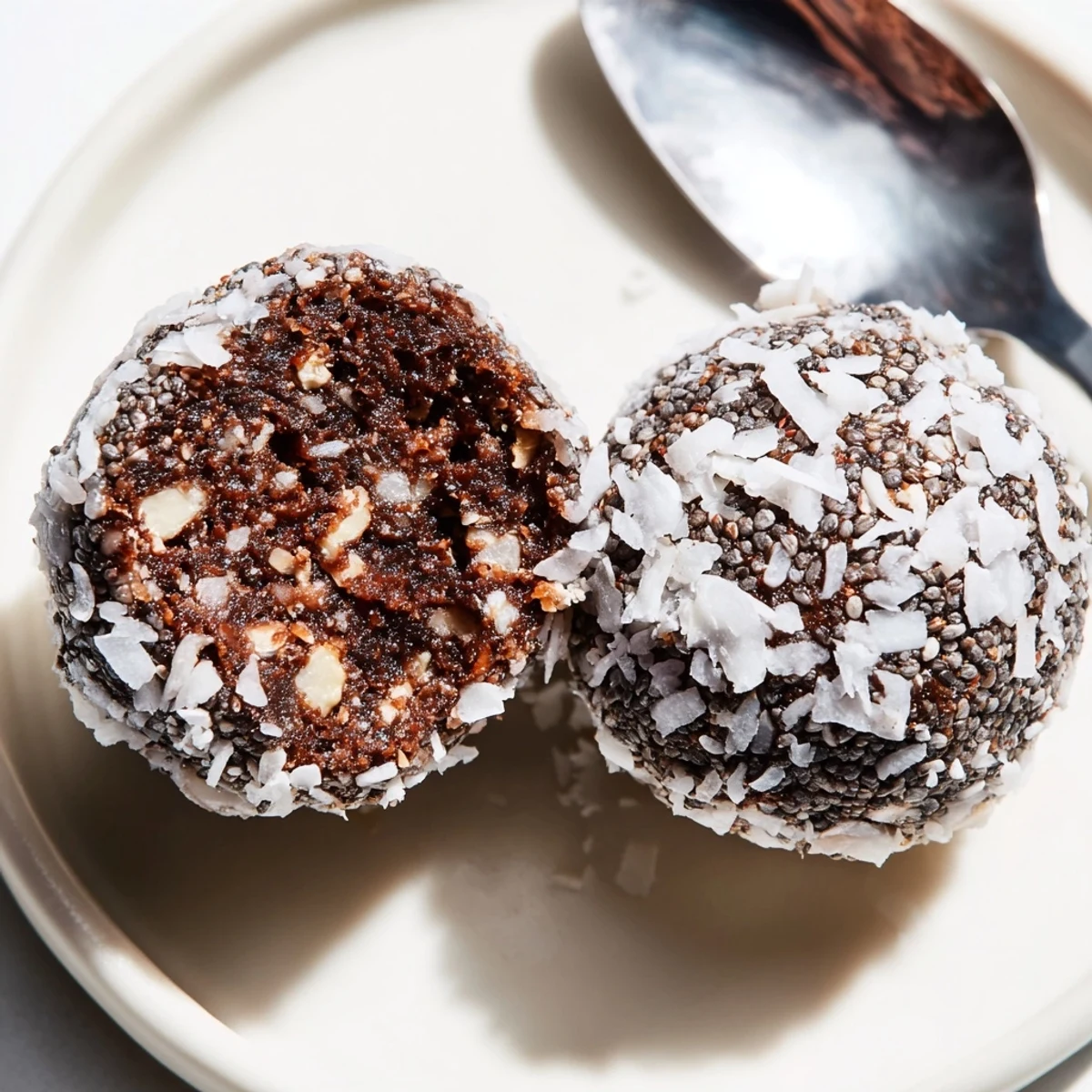 Hand rolled Cocoa Coconut Cashew Chia Treat chilled, dense chocolatey bites with nutty crunch
