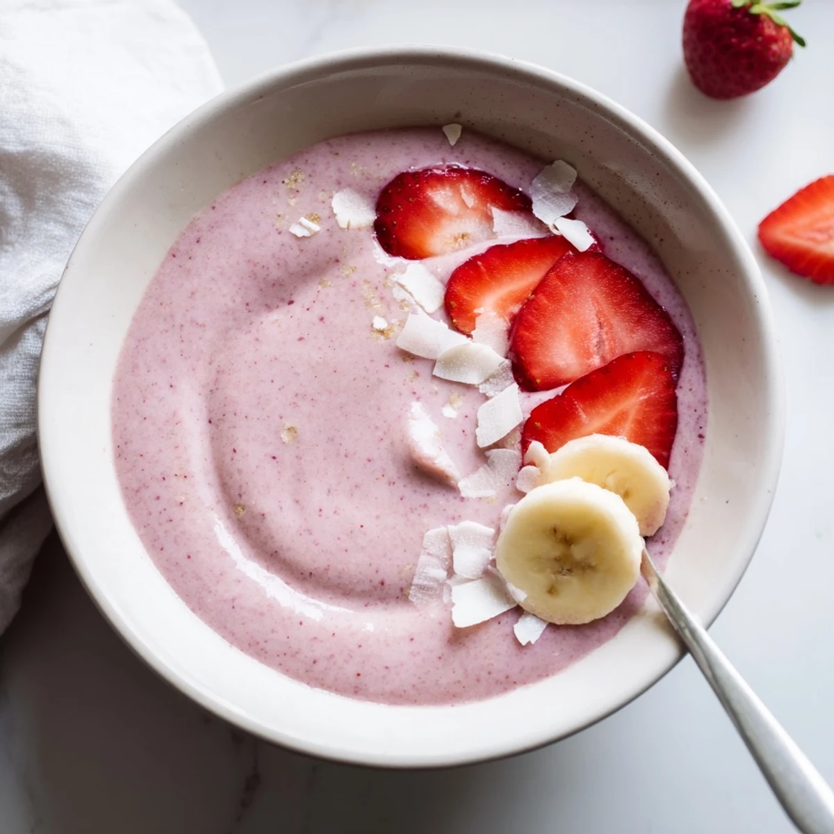 Creamy Banana Strawberry Coconut Smoothie poured into tall glass, garnished with shredded coconut.
