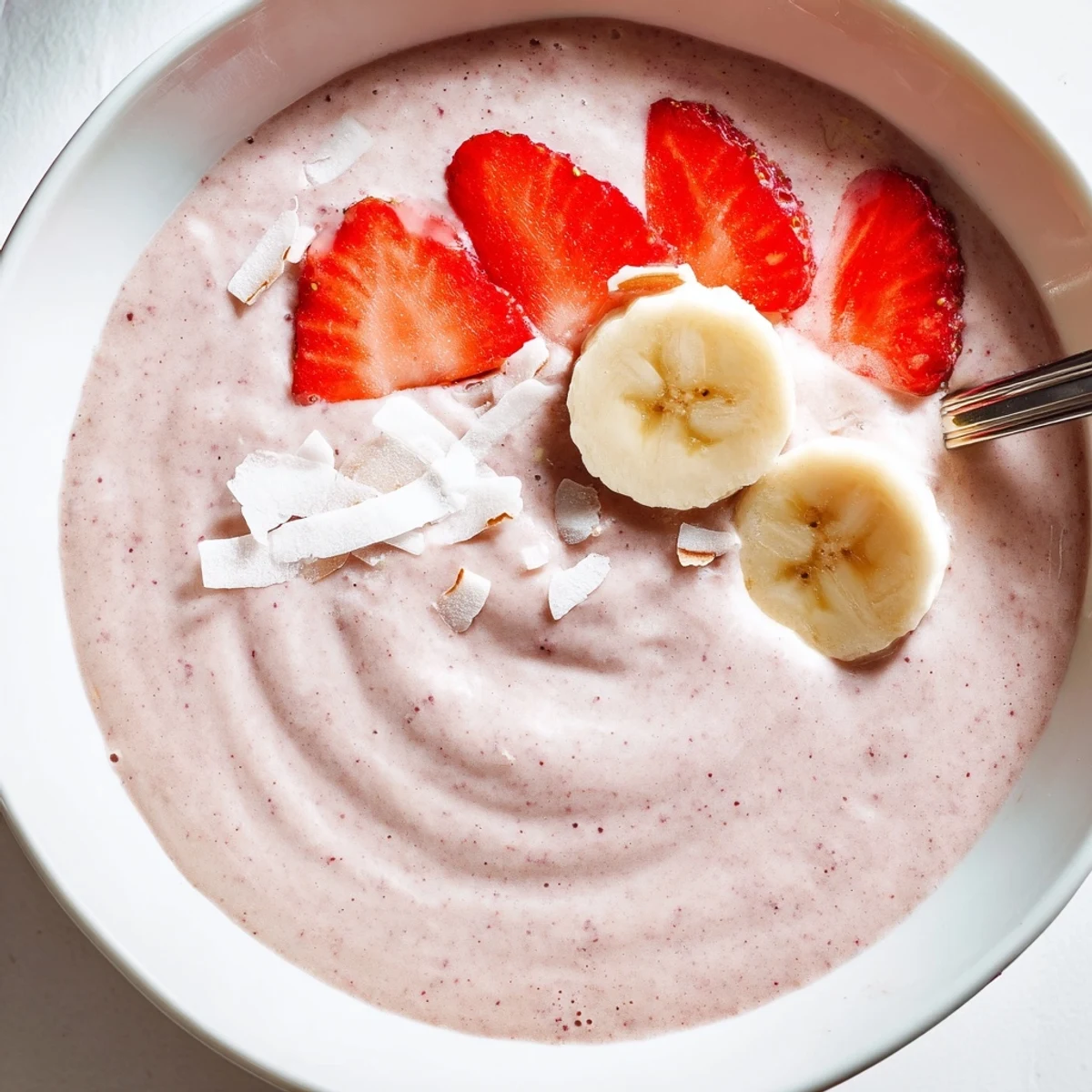 Refreshing Banana Strawberry Coconut Smoothie chilled with ice, ideal for quick breakfast.