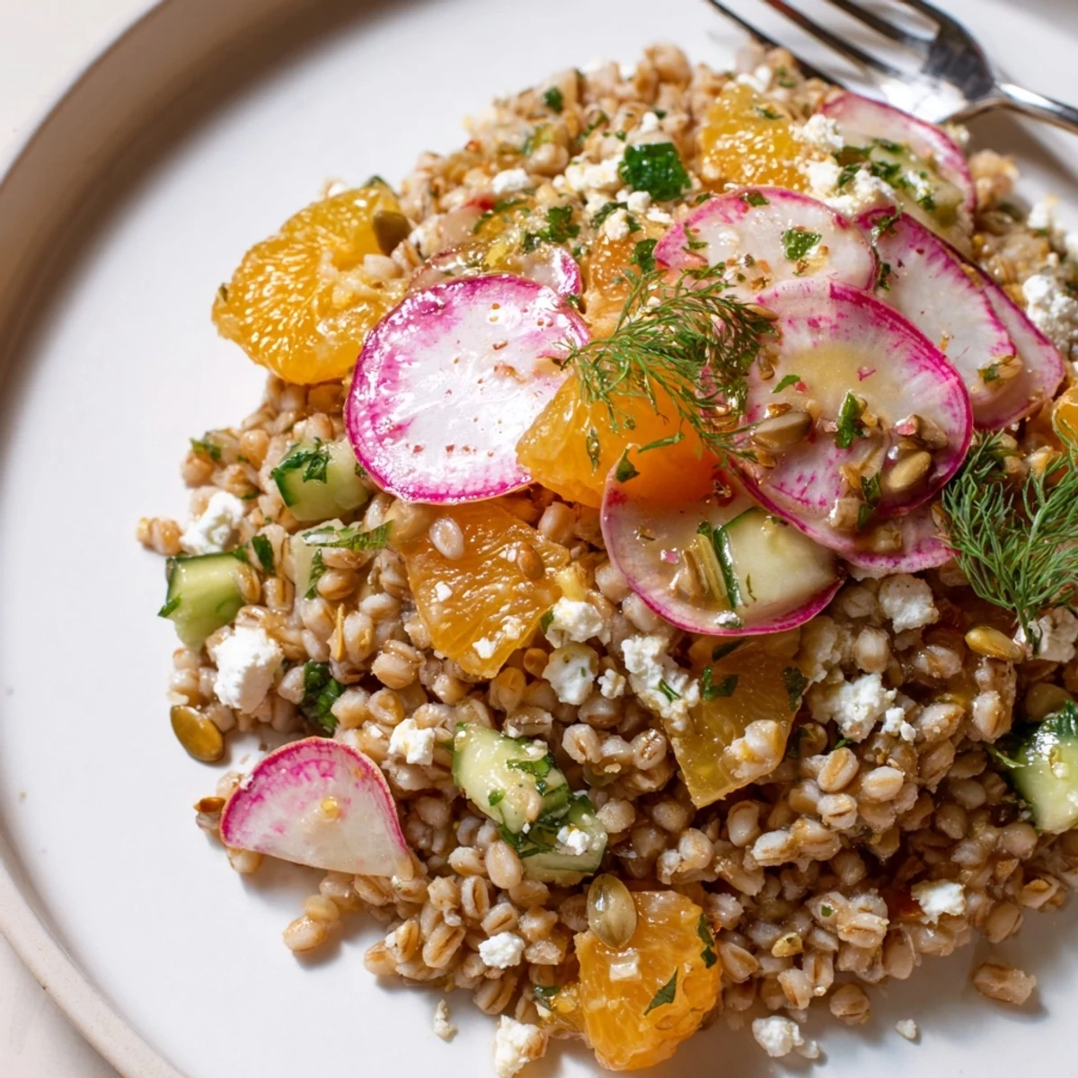 A chilled Citrus Herb Farro and Radish Salad topped with crumbled feta