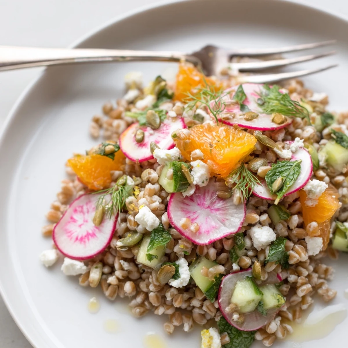 Bright, citrusy bowl of Citrus Herb Farro and Radish Salad with mint
