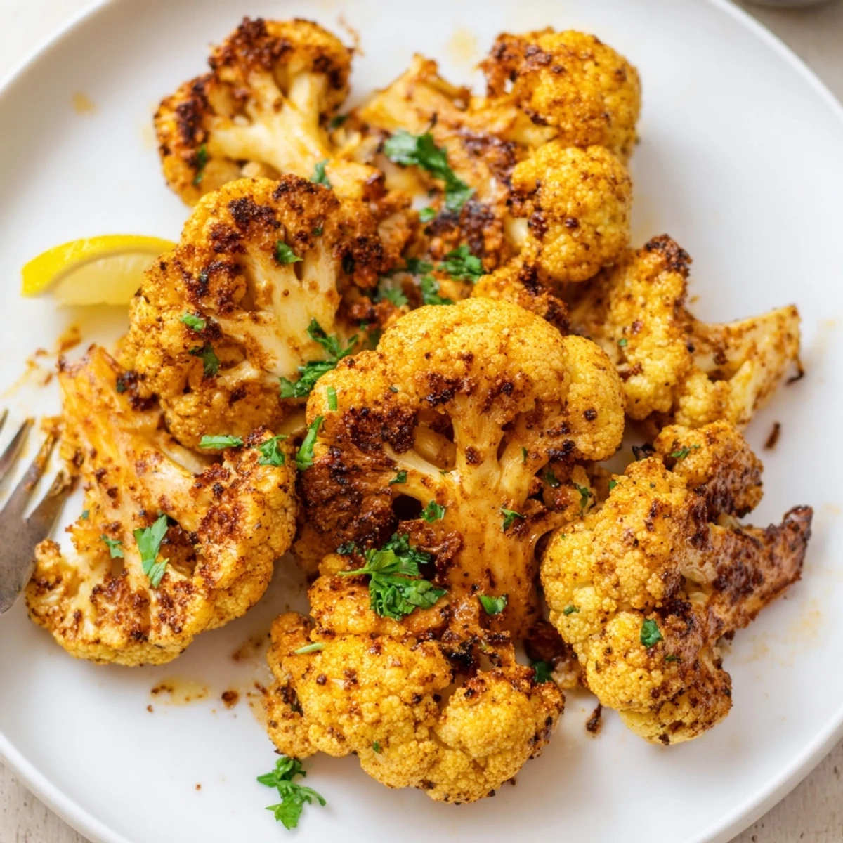 Smoky Roasted Cauliflower Coins crisped golden, dusted with smoked paprika and lemon