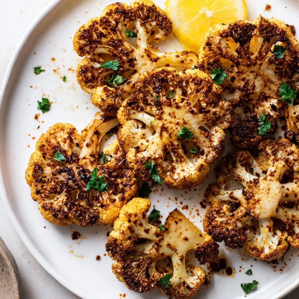 Smoky Roasted Cauliflower Coins steaming, caramelized edges, sprinkled with fresh parsley