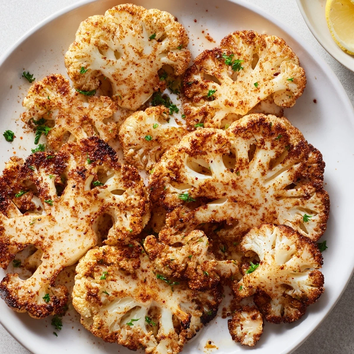 Smoky Roasted Cauliflower Coins served warm as a savory vegan side