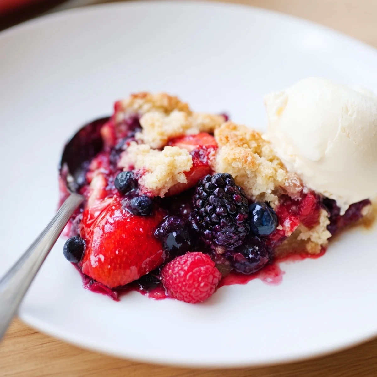 Warm Vanilla Maple Berry Cobbler with bubbling berries and golden biscuit topping