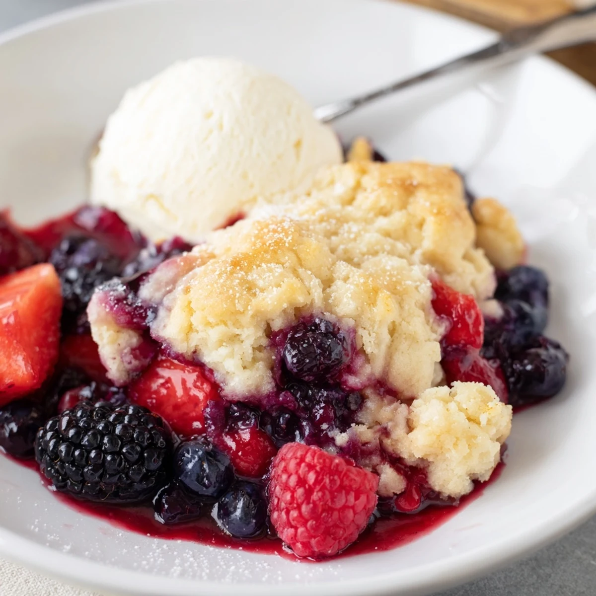 Spoonful of Vanilla Maple Berry Cobbler served warm with melting vanilla ice cream