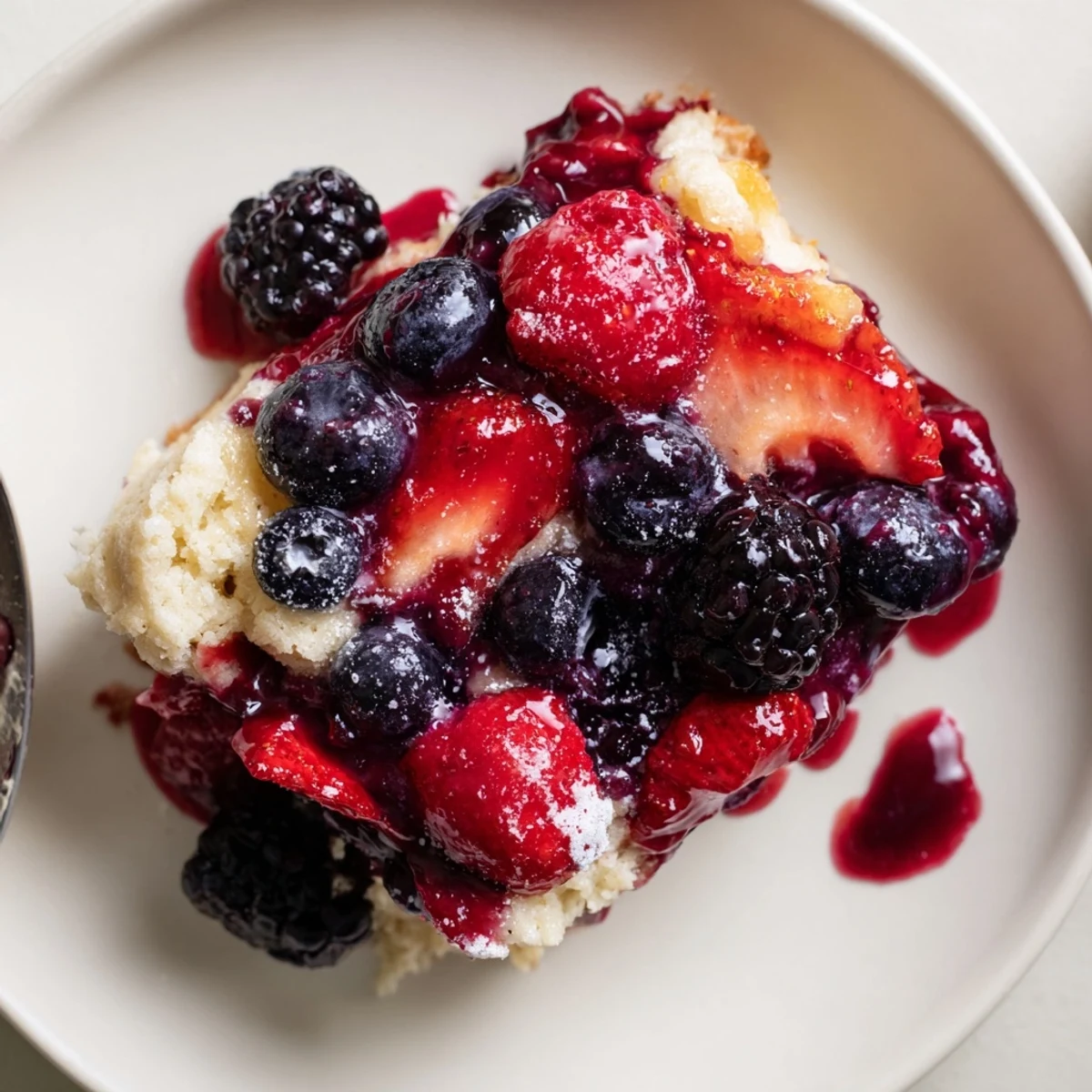 Rustic Vanilla Maple Berry Cobbler cooling in dish, syrupy berries glistening