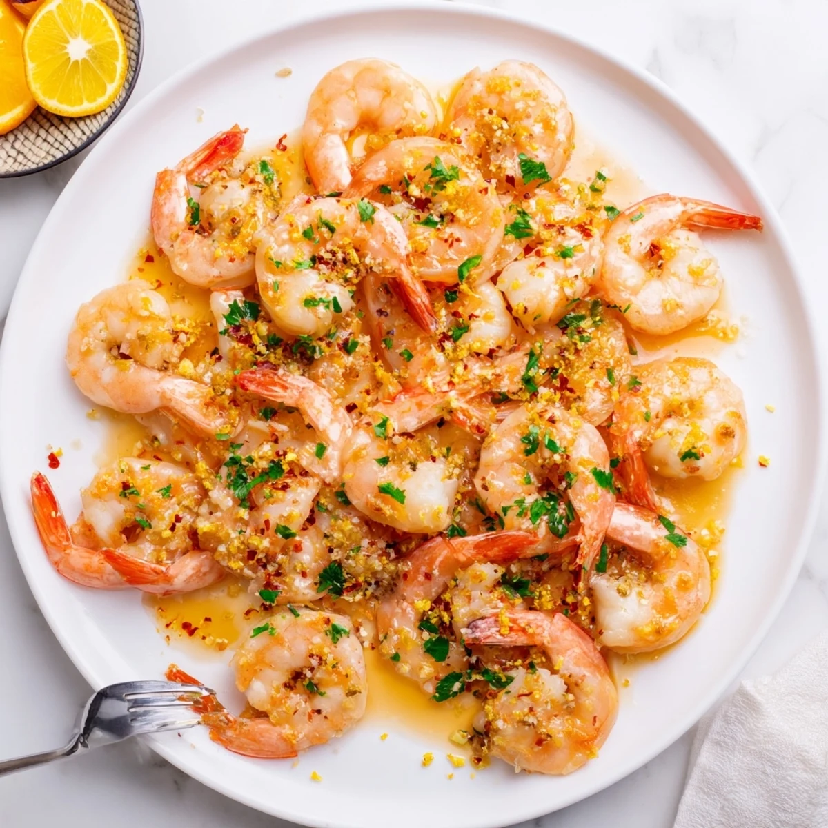 Golden citrus honey glazed shrimp skillet garnished with fresh parsley and lemon zest