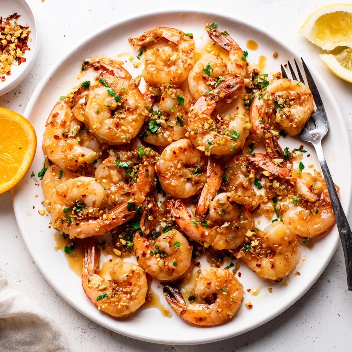 Succulent shrimp coated in glossy orange honey glaze served in a cast iron skillet
