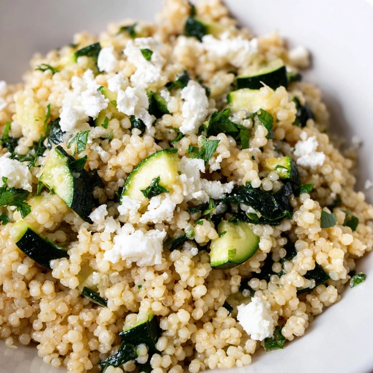 Fluffy millet breakfast bowl topped with sautéed spinach, diced zucchini, and fresh herbs