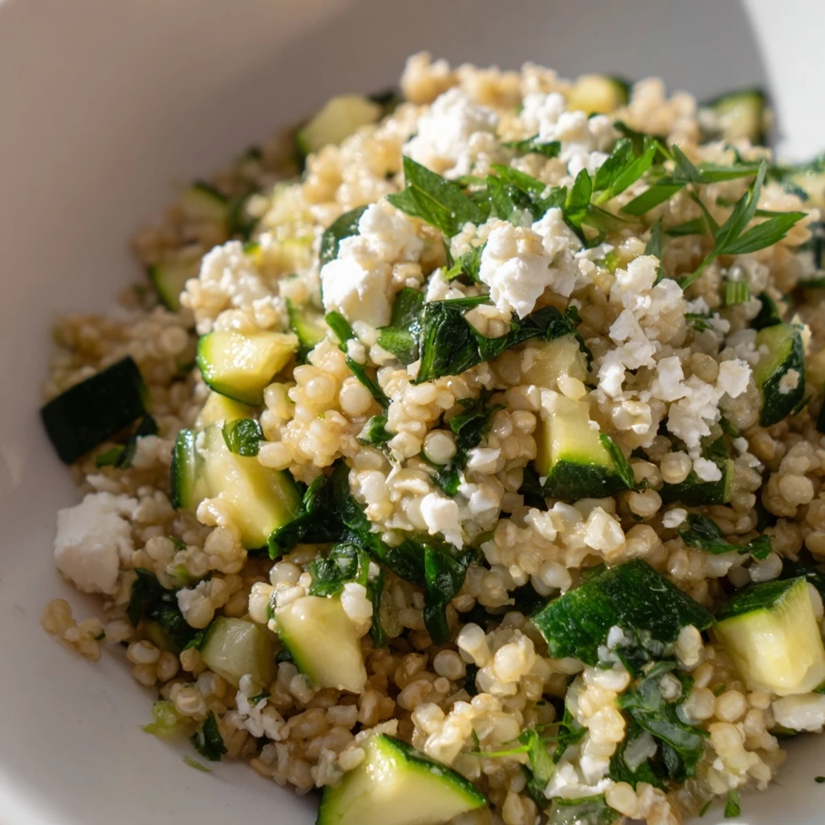 Golden millet bowl with tender zucchini, wilted spinach, and optional feta cheese garnish