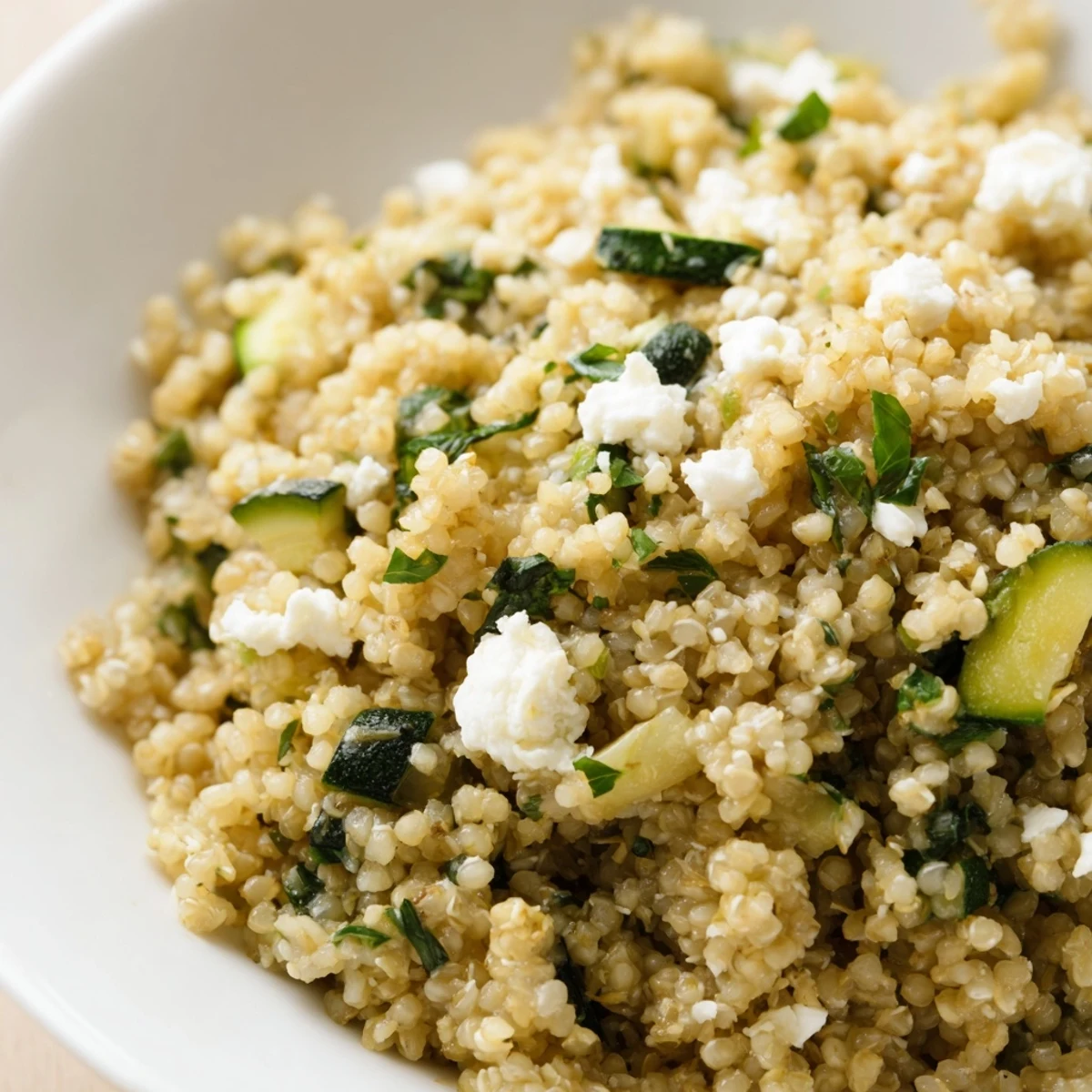 Warm savory spinach and zucchini millet breakfast bowl with lemon and parsley sprinkled on top