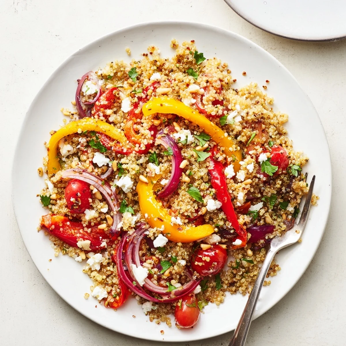Colorful warm quinoa salad bowl with charred roasted bell peppers and fresh vegetables