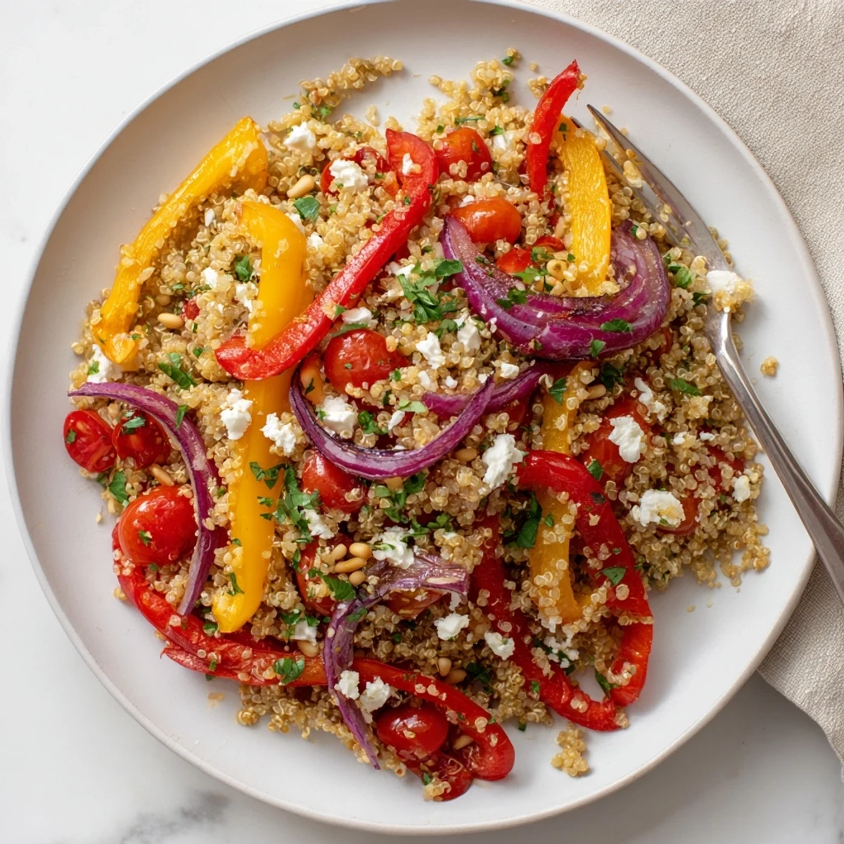 Hearty warm quinoa and roasted bell pepper salad topped with parsley and cherry tomatoes