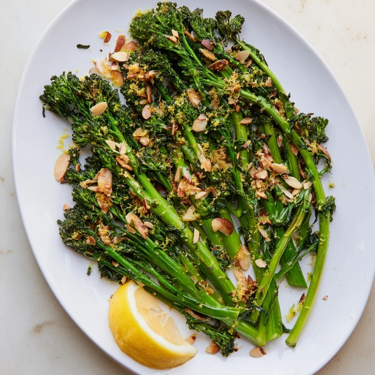 Golden roasted broccolini with garlic almond crunch arranged on a white serving platter