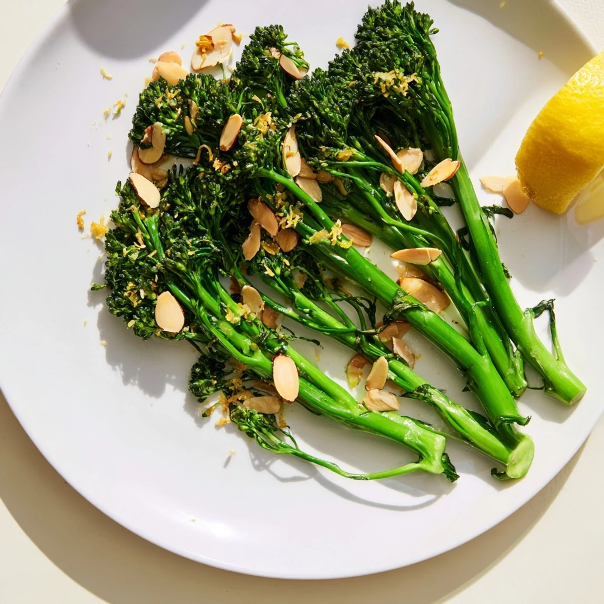 Tender broccolini spears topped with crispy toasted almonds and fragrant minced garlic garnish