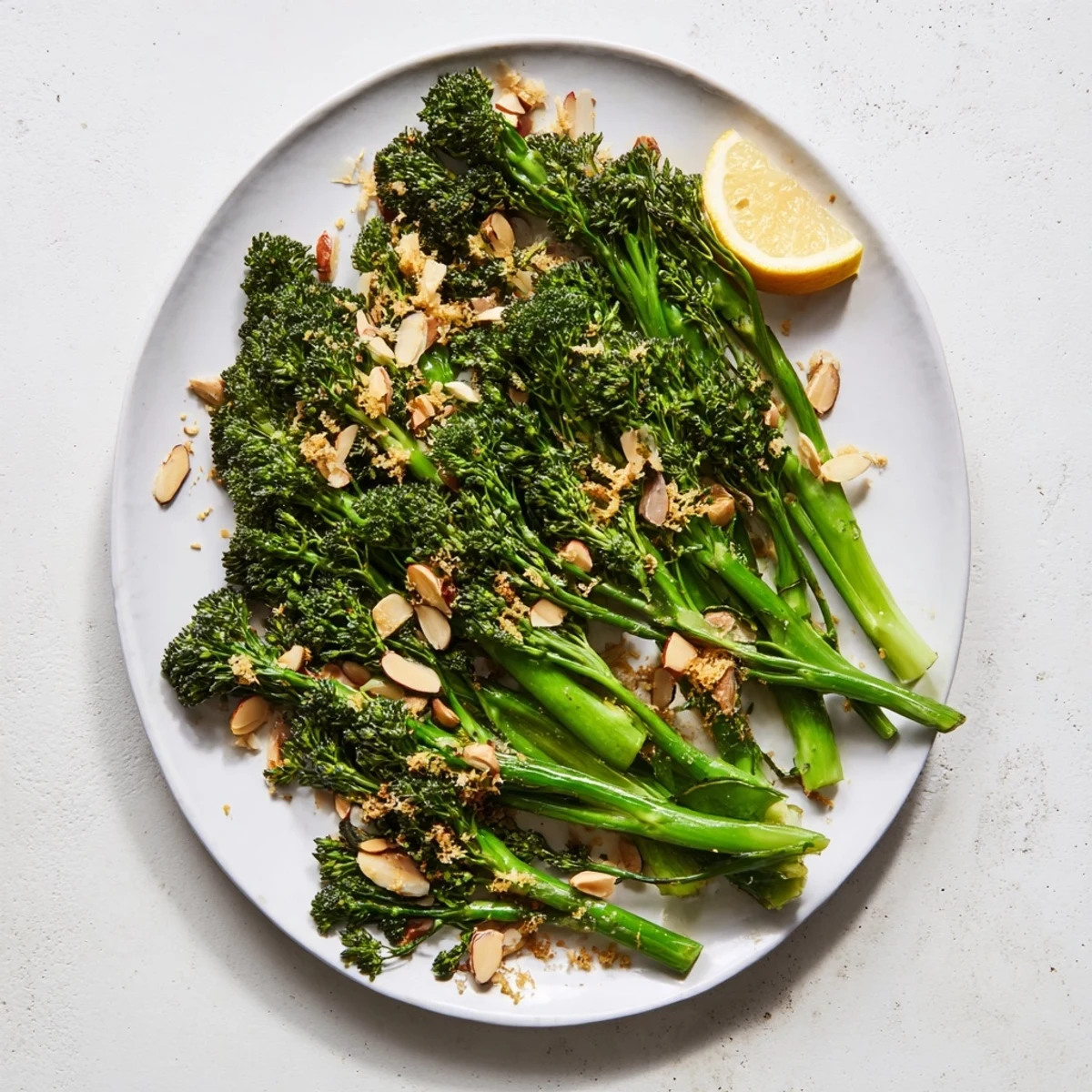 Oven roasted broccolini side dish featuring buttery almond crunch and fresh lemon zest sprinkles