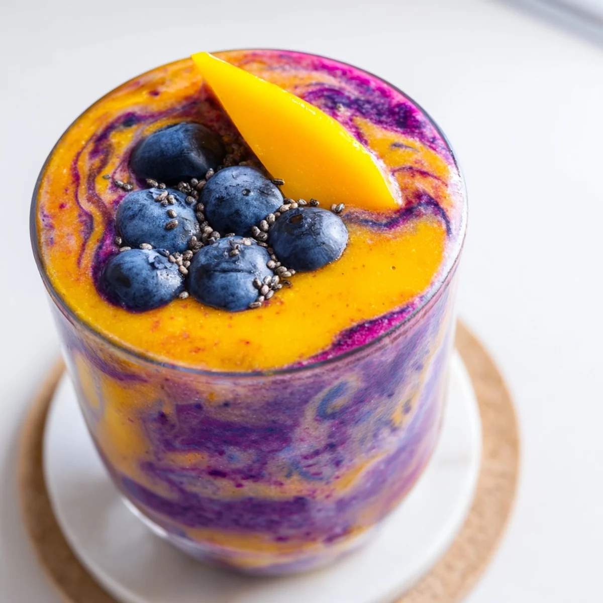 Thick purple blueberry mango coconut smoothie topped with fresh fruit and coconut flakes in clear glass