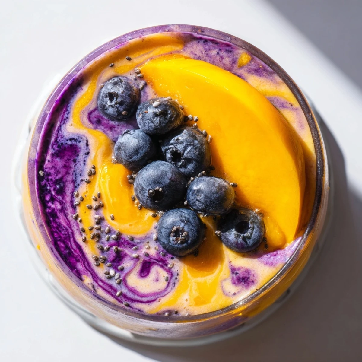Creamy blueberry mango coconut smoothie poured into two glasses garnished with tropical mango slices and berries