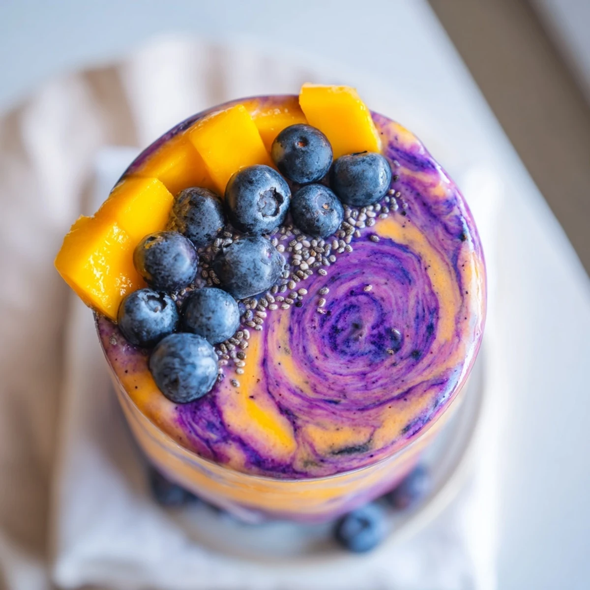 Vibrant layered blueberry mango coconut smoothie with swirls of purple and orange topped with toasted coconut