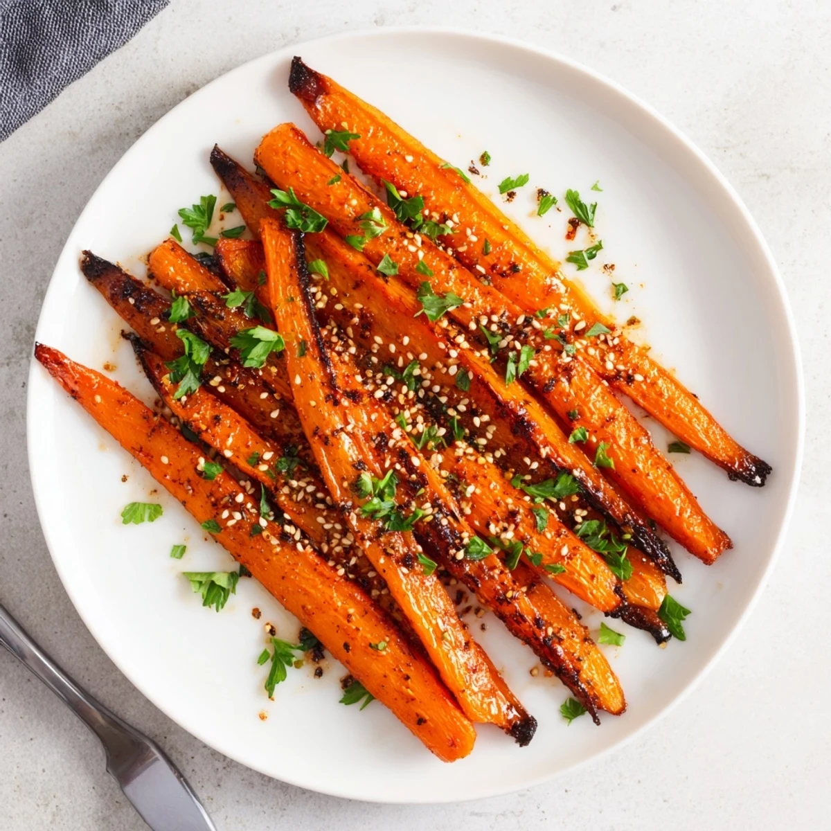 Colorful roasted carrot spears with sesame seed topping served as a healthy modern American side dish