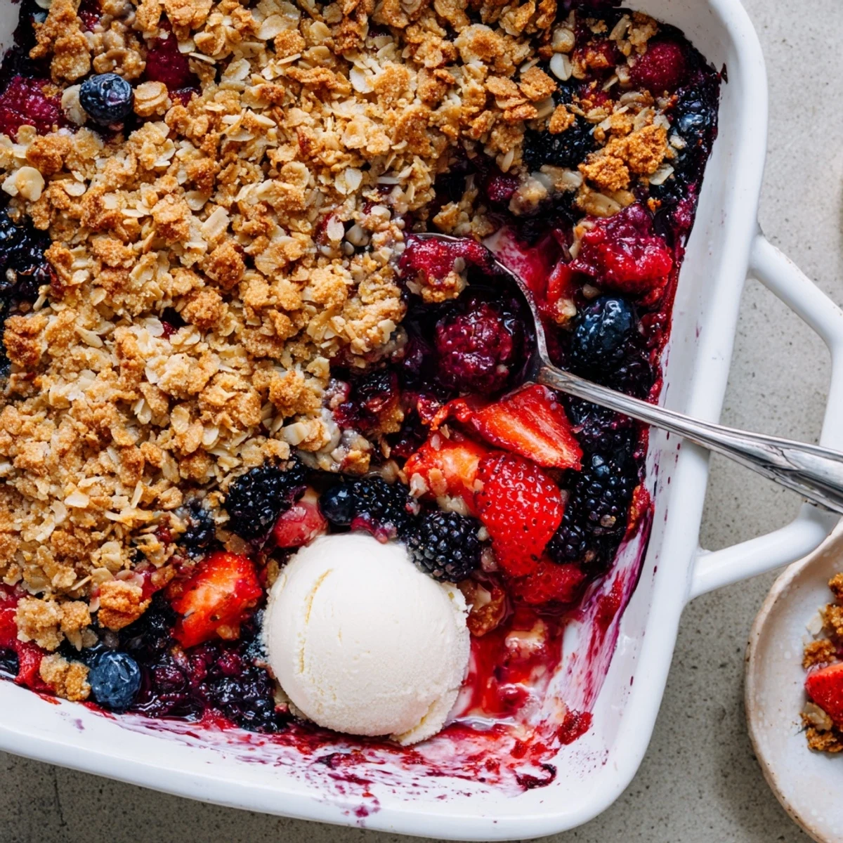 Bubbly fruit dessert with crunchy vanilla coconut crisp layer ready for serving