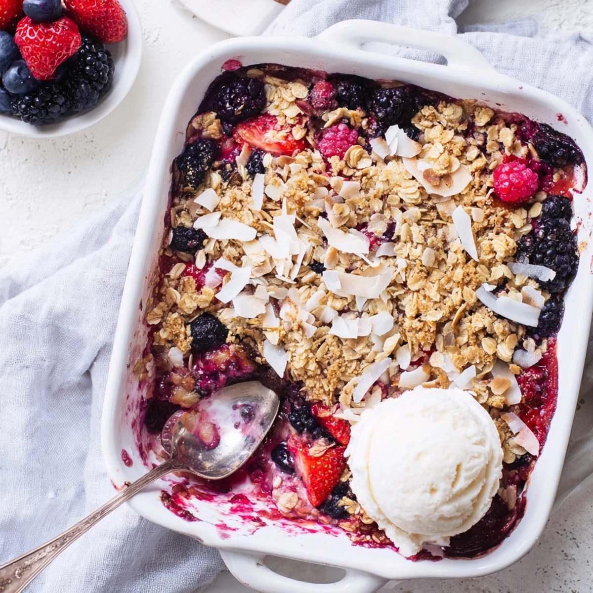 Warm berry crisp with coconut oat topping served with vanilla ice cream scoop
