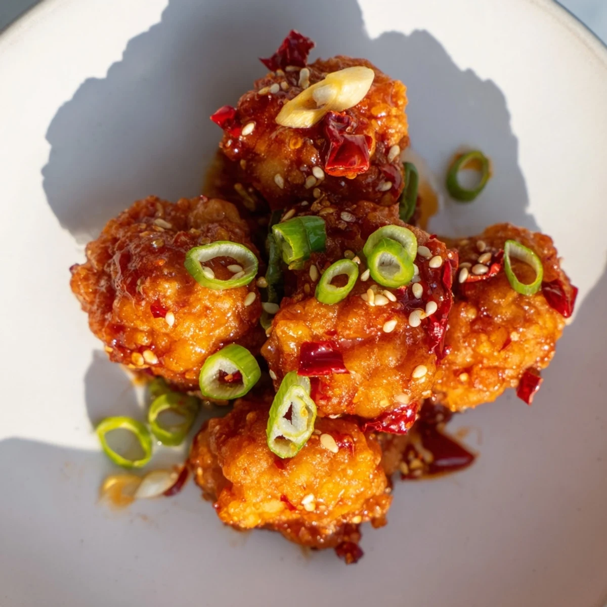 Vegan crispy chili garlic tofu clusters served on white plate with green onion garnish