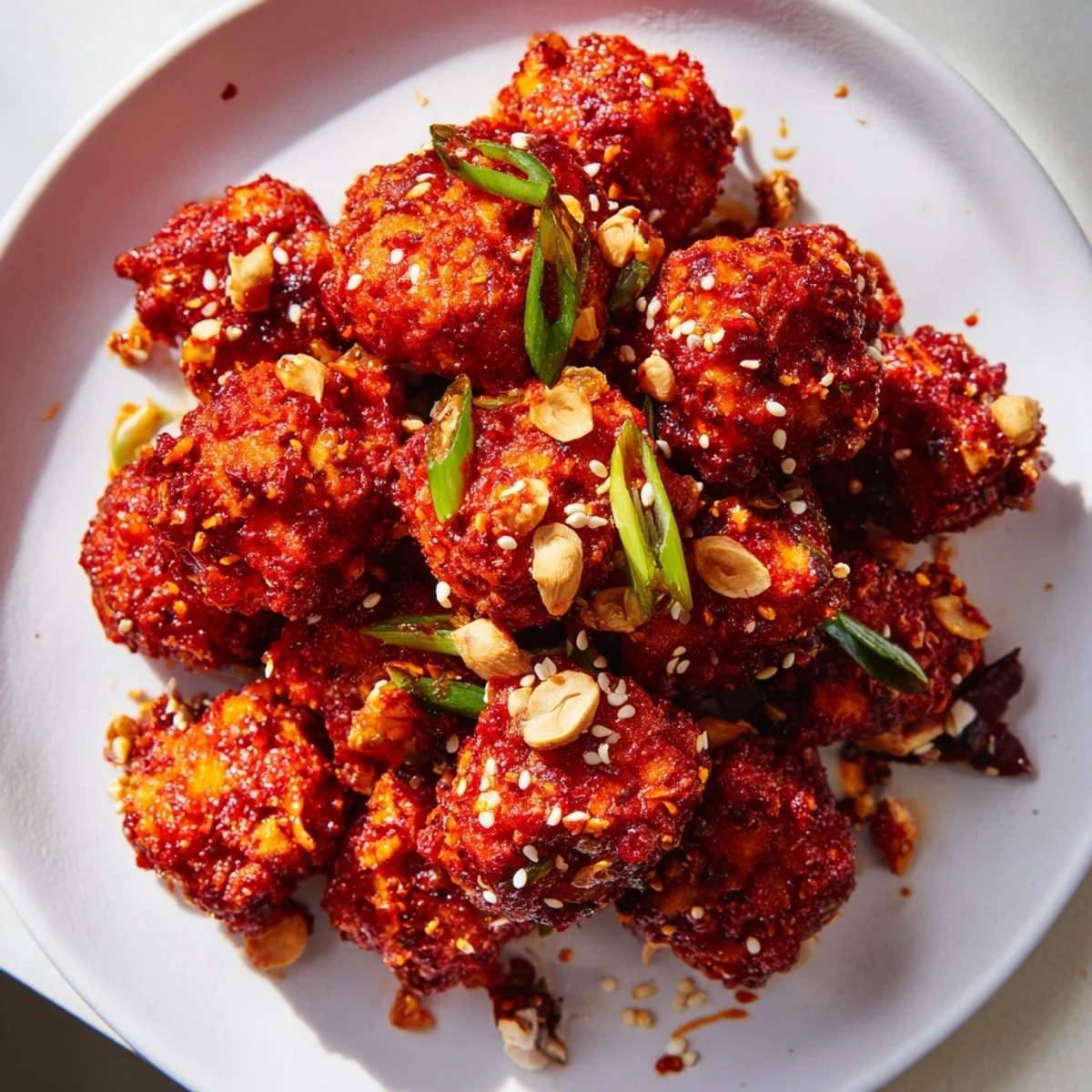 Bite-sized crispy chili garlic tofu pieces coated in fiery sauce sprinkled with sesame seeds