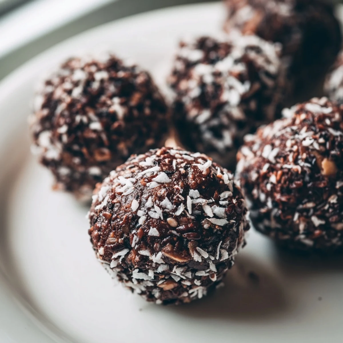Dark chocolate cocoa almond coconut chia bliss balls rolled in shredded coconut on a white plate