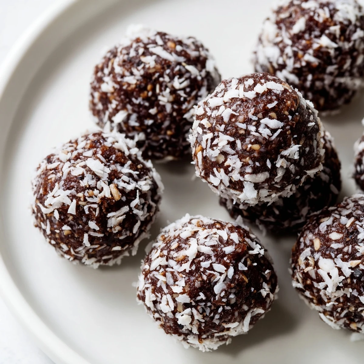 Bite-sized cocoa almond coconut chia bliss energy bites arranged on a rustic wooden serving board
