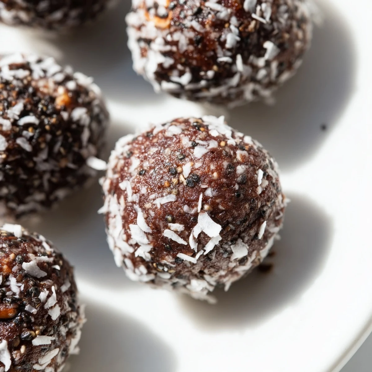Homemade cocoa almond coconut chia bliss tricles topped with coconut flakes ready for healthy snacking