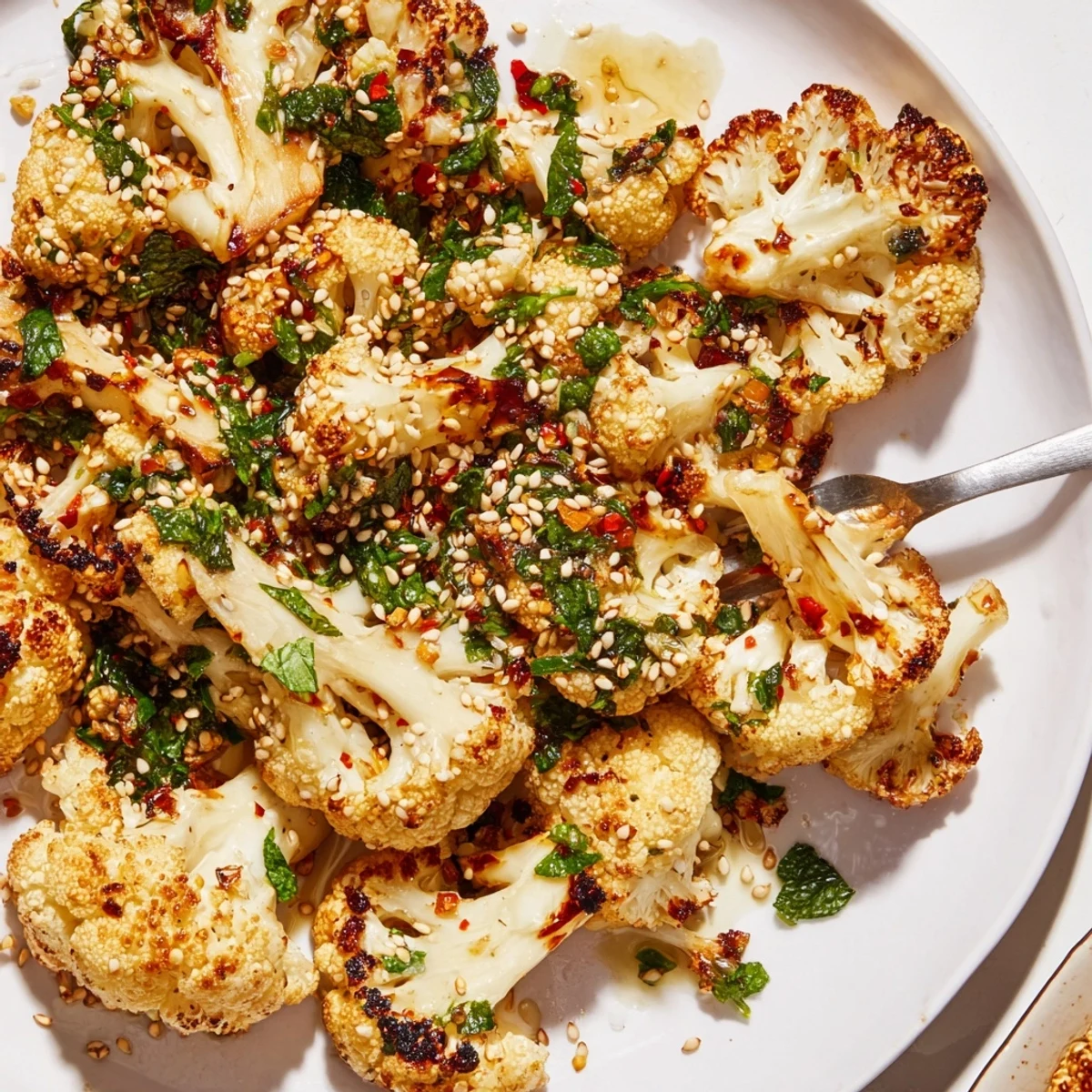 Roasted Cauliflower With Sesame Herb Crunch on platter, golden edges, sesame sprinkle.