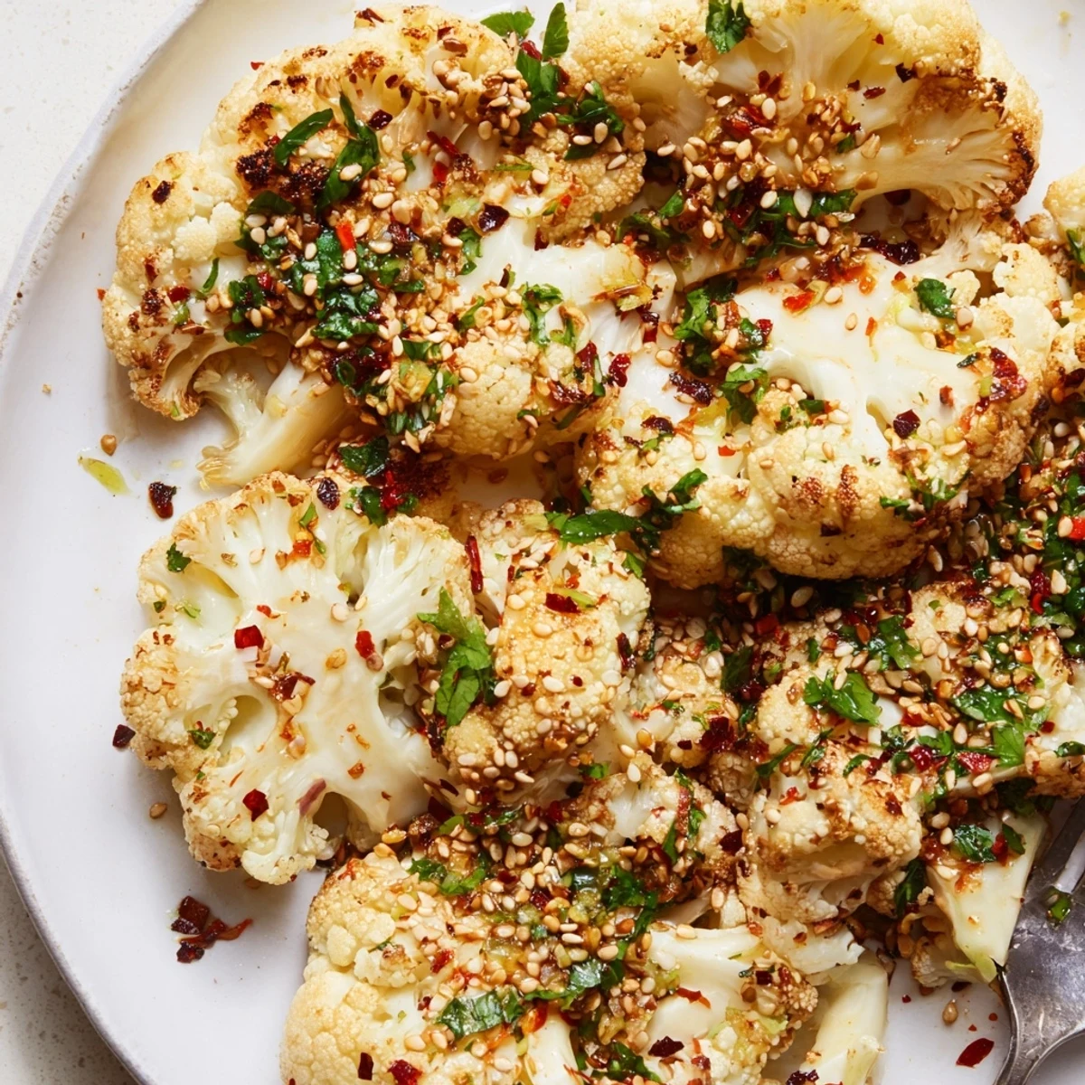 Warm Roasted Cauliflower With Sesame Herb Crunch topped with bright lemon zest.